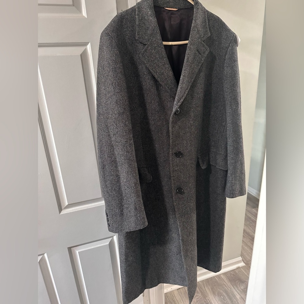 Vintage Herringbone Men's Gray 100% Wool Overcoat